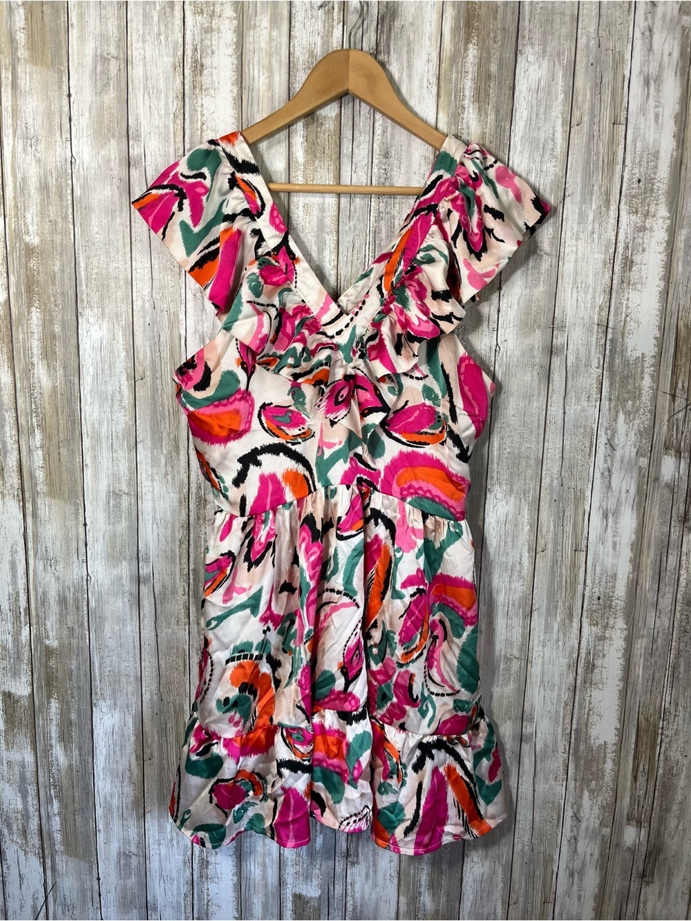 TCEC Ruffle Mini Dress Pink Abstract Print Flutter Sleeve Fit & Flare